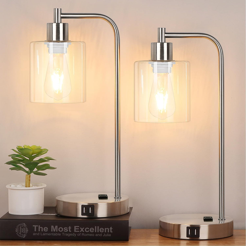 Industrial Touch Control Table Lamps Set of 2 - Brushed Nickel Nightstand Bedside Lamps with 2 USB Ports & AC Outlet, 3-Way Dimmable Desk…