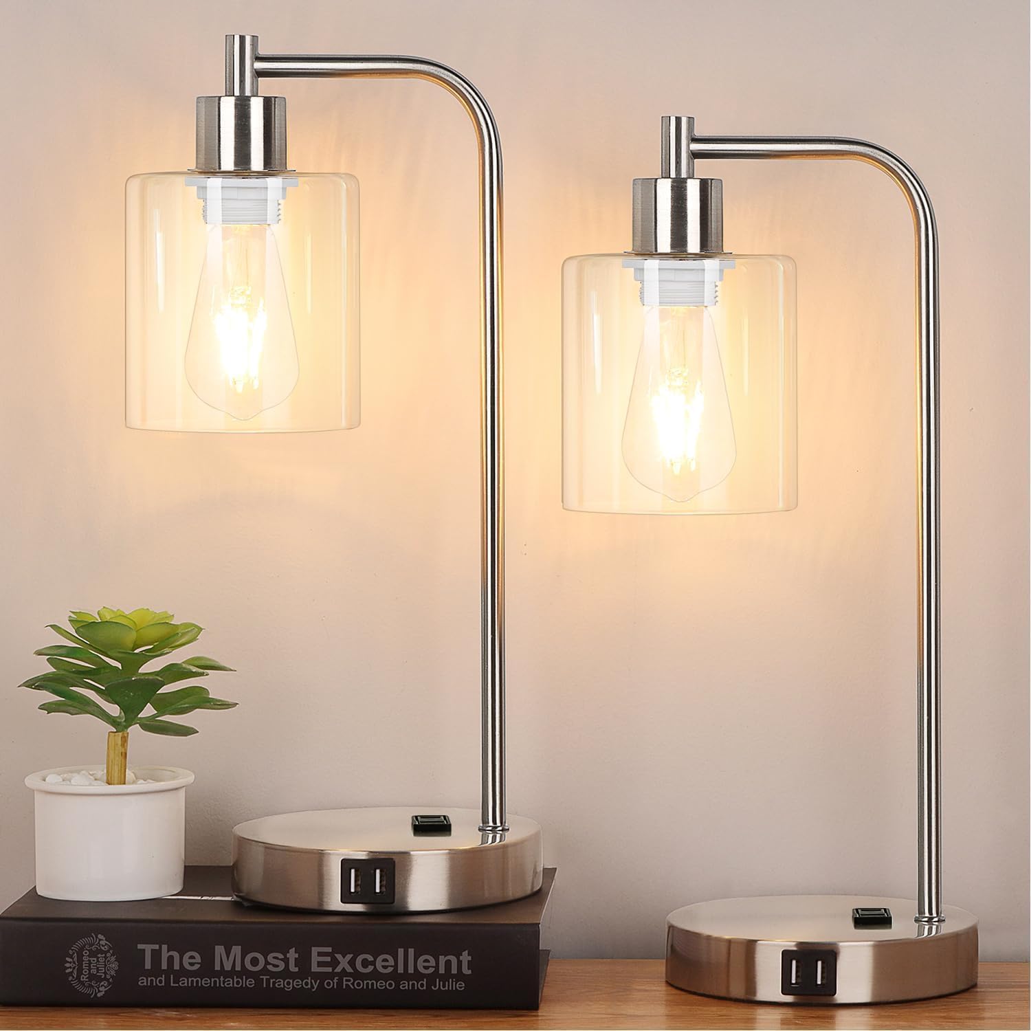 Industrial Touch Control Table Lamps Set of 2 - Brushed Nickel Nightstand Bedside Lamps with 2 USB Ports & AC Outlet, 3-Way Dimmable Desk…