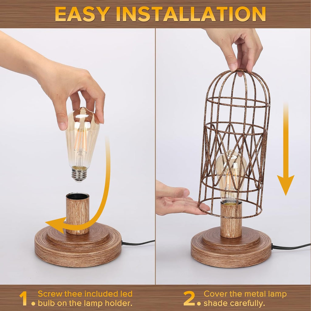 Touch Control Table Lamp for Small Spaces - 3 Way Dimmable Nightstand & Bedside Lamp for Bedroom & Living Room, Rustic Wood Cage Shade…
