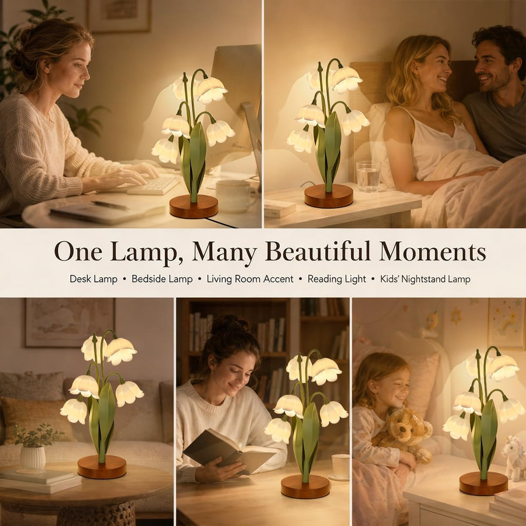 Flower Table Lamp for Bedroom, Cute Reading Light with 5 White Tulip Flower of The Valley, Desk Lamp Bedside Lamps for Nightstands Home…