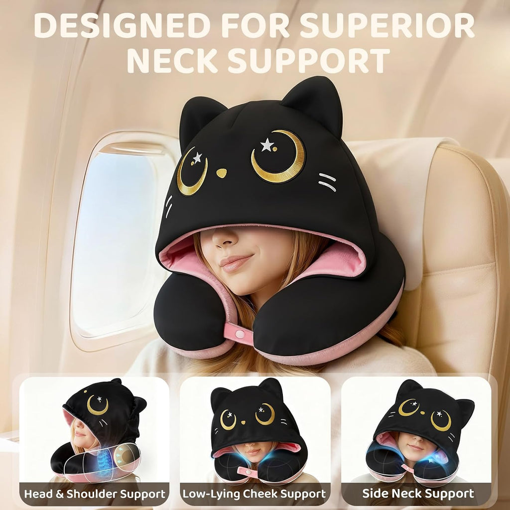 Mewaii Travel Neck Pillow with Hood for Airplanes, Memory Foam, Breathable Ice Silk & Soft Velvet, Double-Sided, Removable to…