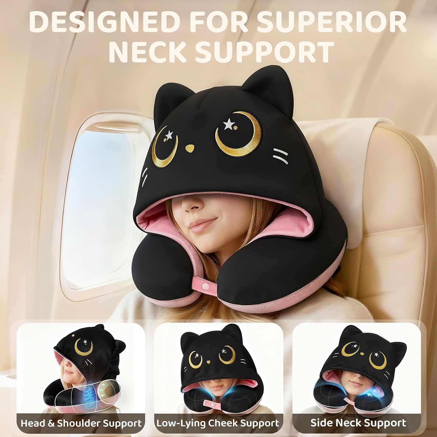 Mewaii Travel Neck Pillow with Hood for Airplanes, Memory Foam, Breathable Ice Silk & Soft Velvet, Double-Sided, Removable to…