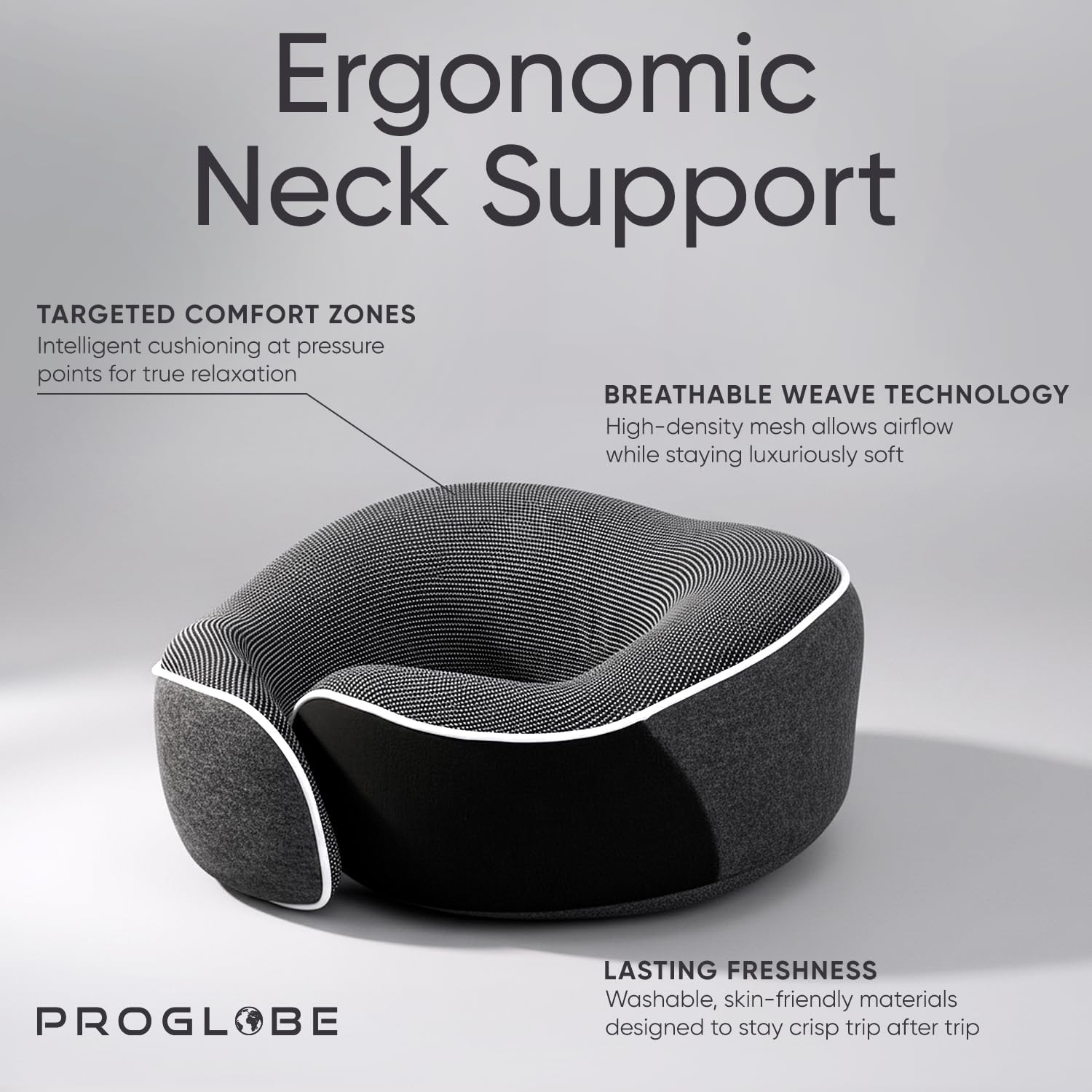 Proglobe Travel Neck Pillow 100% Memory Foam – Airplane & Car Travel Essentials Kit with 3D Eye Mask, Earplugs & Mesh Bag – Sleeping…