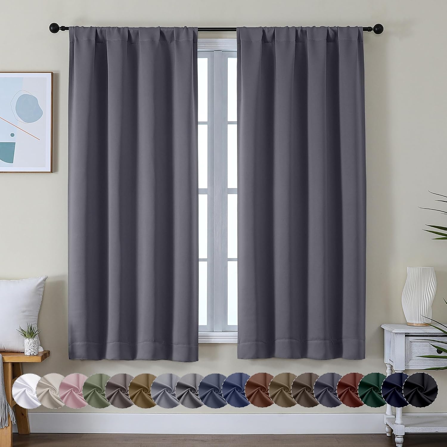 Simplebrand Ava Grey Blackout Curtains for Bedroom 63 Inch Length 2 Panels Set, Solid Thermal Insulated Energy Saving Rod Pocket Window Tre…