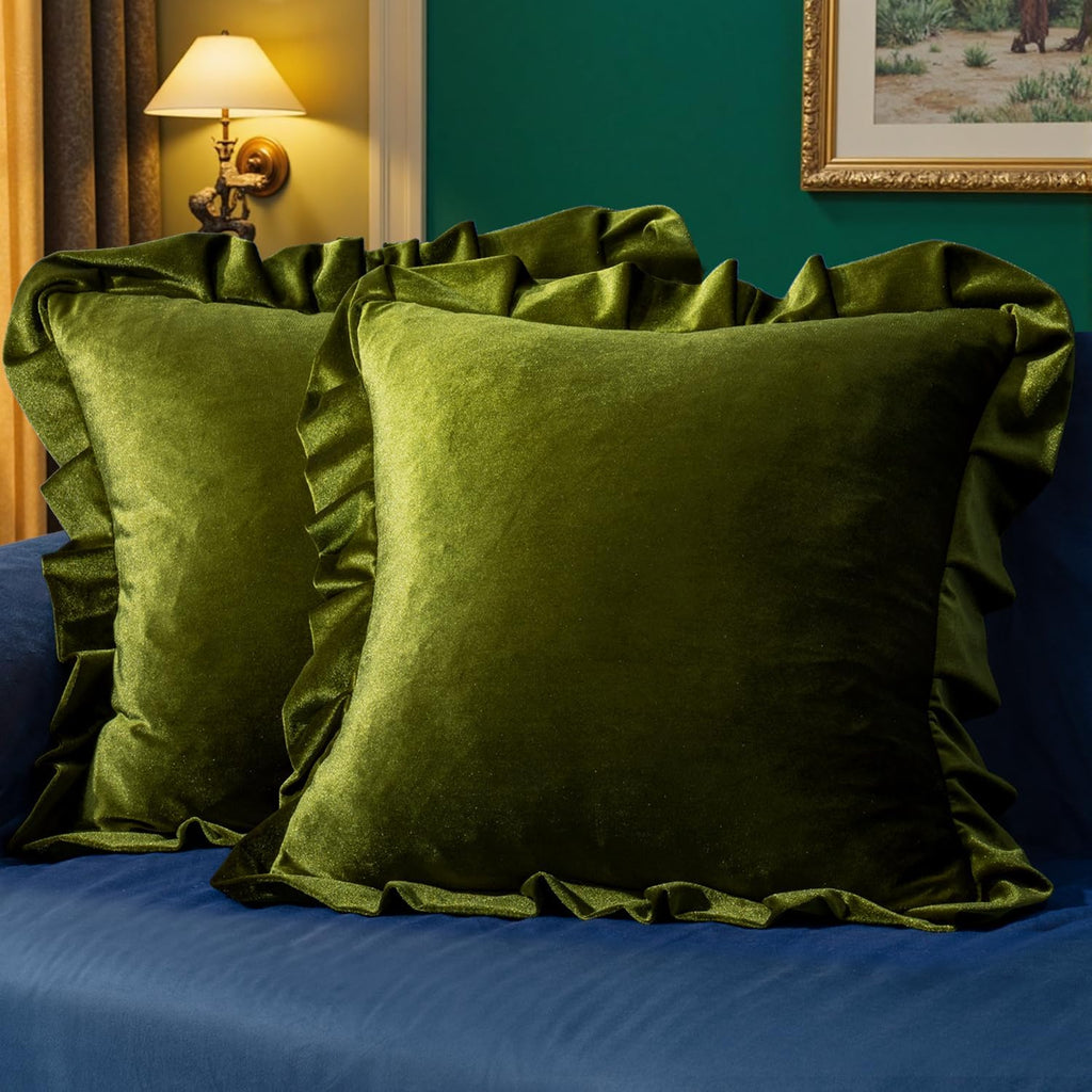 MIULEE Velvet Ruffle Throw Pillow Covers Soft Luxurious Olive Green Pack of 2 20x20 Inch Square Cushions Vintage Gothic Spring Decorative…