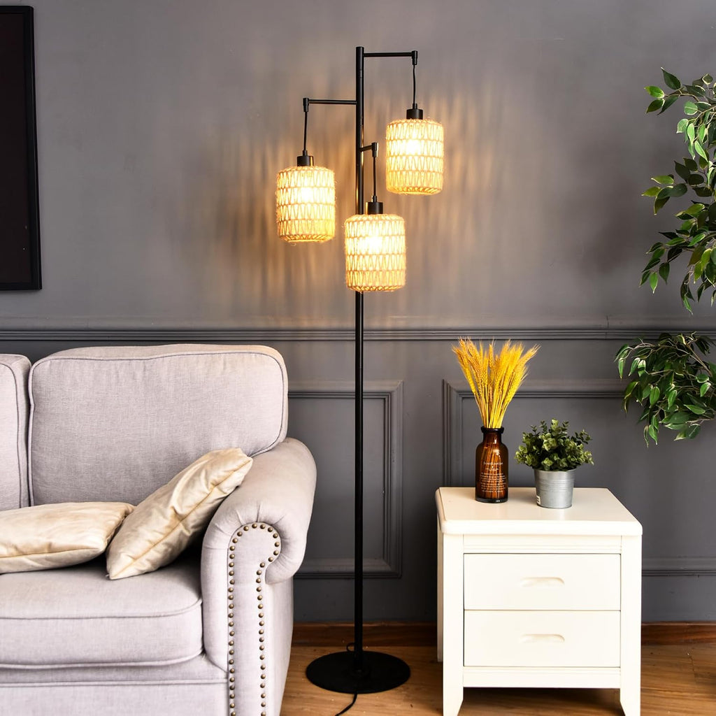 QIYIZM Floor Lamp for Living Room, Bedroom,3-Lights Boho Rattan Tree Floor Lights, Industrial Black Farmhouse Standing Lamp Wicker Rustic…