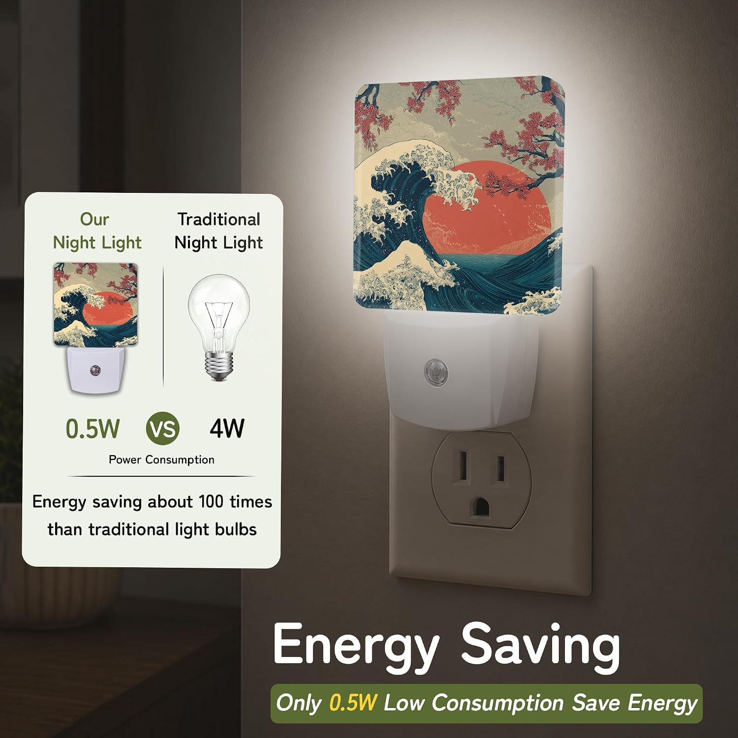 Night Light, Japanese Wave Cherry Night Lights Plug into Wall for Bedroom Bathroom Hallway Kitchen, Dusk to Dawn Sensor Decorative Gift…