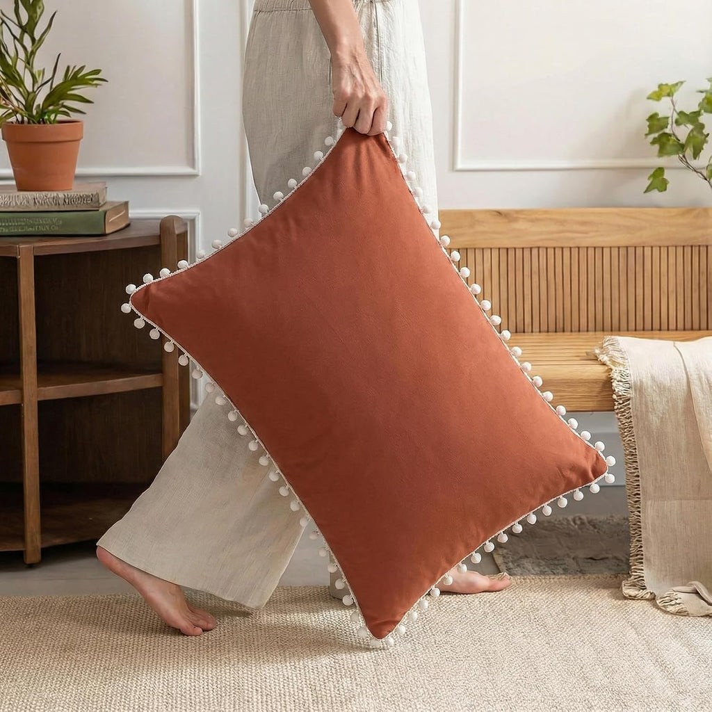 Moveover Brick Red Pom Poms Pillow Cases, Boho Pillowcases Set of 2, 100% Soft Washed Microfiber, Rust Pillow Shams King, 2 Pack 2 Pack Red