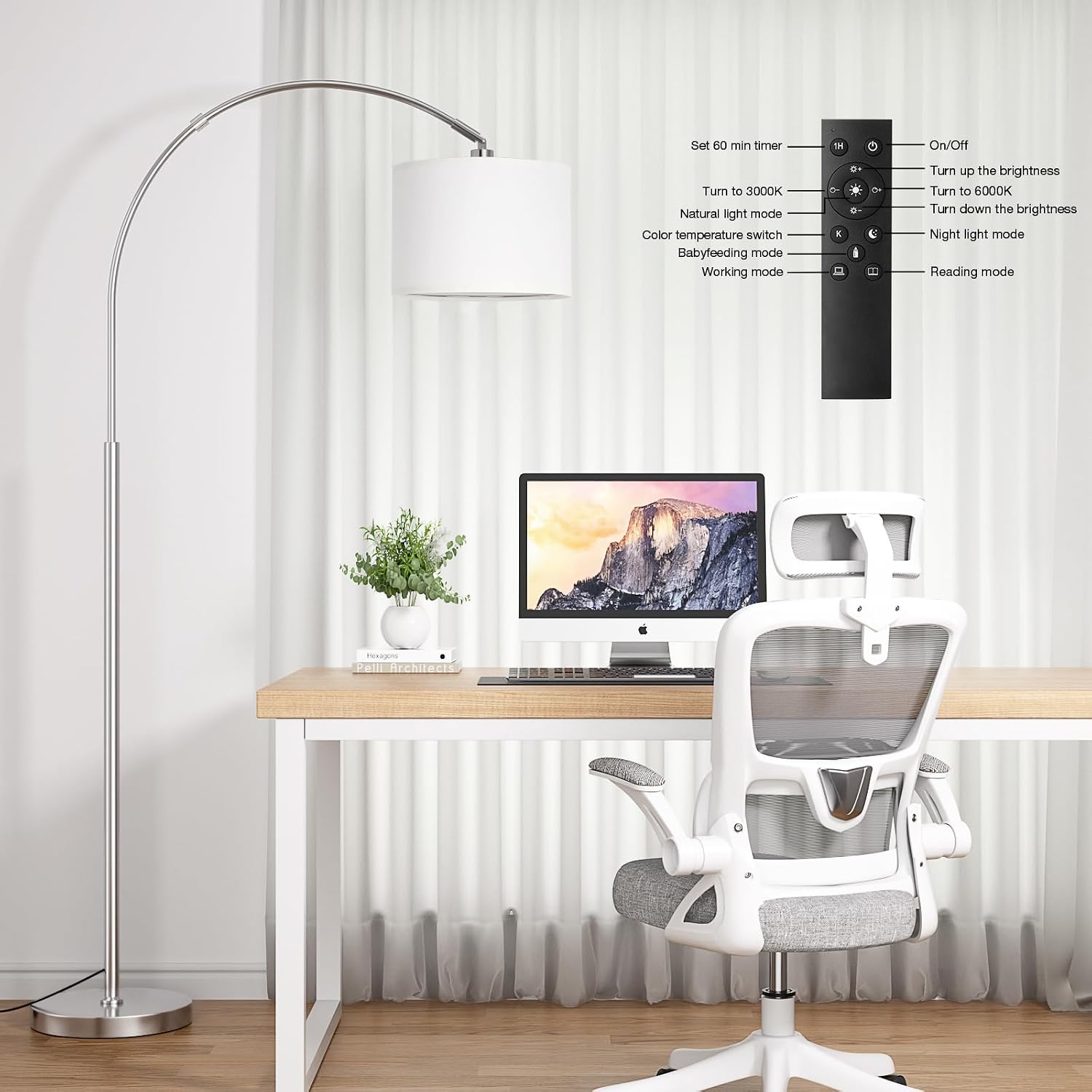 Ambimall Dimmable Arc Floor Lamp with Remote, Color Temperatures and Brightness Adjustable, Arched Floor Lamp with Rotating Head, Over…