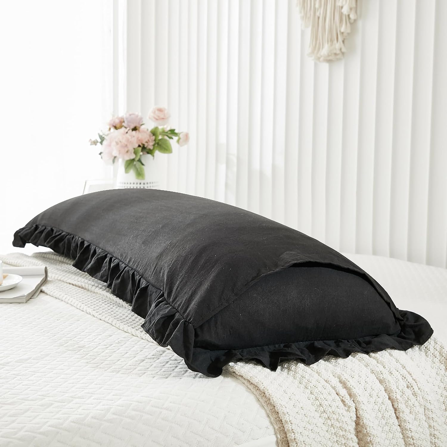 Merryword Black Body Pillow Cover 20x54inches Long Pillowcase Ruffled Pillowcases Shabby Chic Ruffled Fringe Decor Body Ruffled Pillow Sham…
