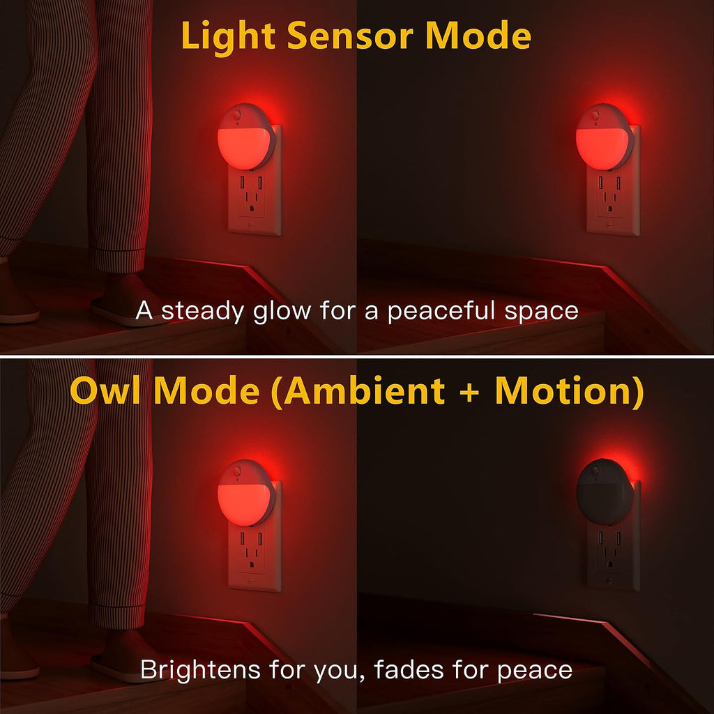 YUNLEX 2 Pack Plug in Red Sleep Night Light with Motion Sensor and Dusk to Dawn Sensor, 3 Modes, Soft Glow, 0% Blue Light True Red…