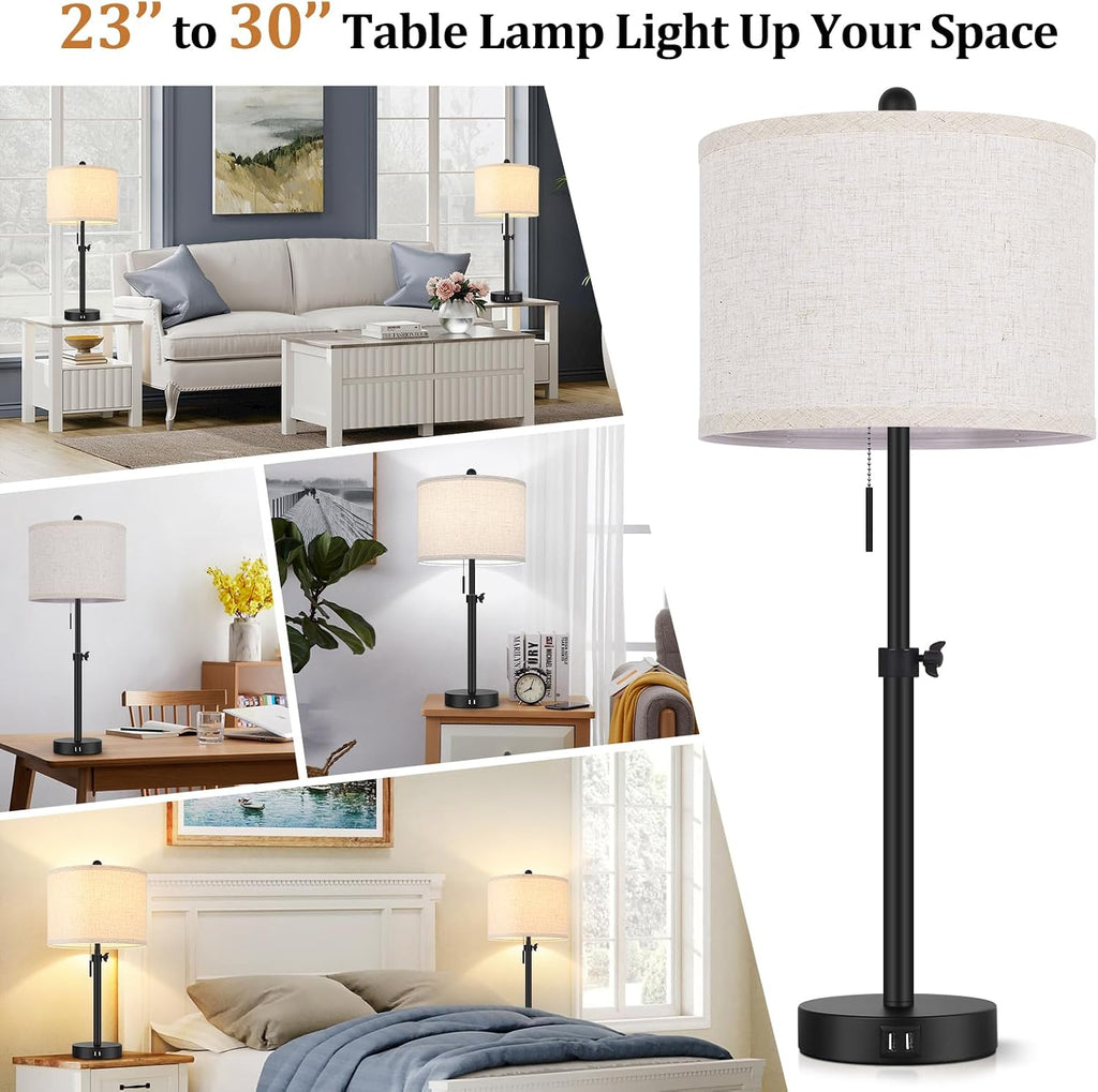 Adjustable Table Lamps for Bedroom Set of 2, 23''-30'' Height Adjusted Bedside Lamps with 2 USB Ports, Black Nightstand Lamps with Cream…