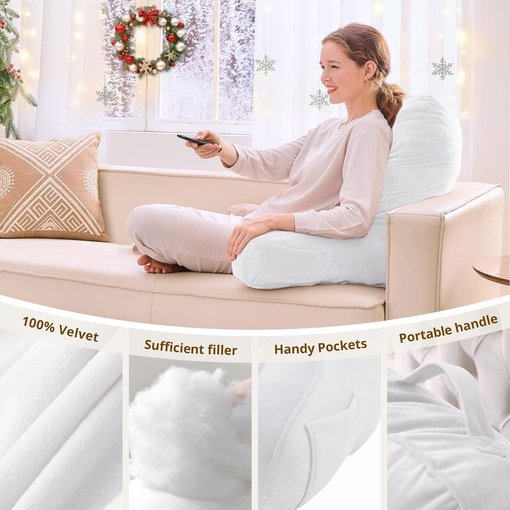 Sasttie Reading Pillow for Bed - 23 Inch, Back Pillow for Bed Sitting Up, Back-Rest Support Cushion with Side Pockets and Arms, Dorm Essent…