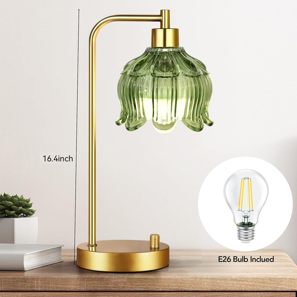 ILLMTW Glass Table Lamp Set of 2, Small Gold Bedside Lamps Dimmable Boho Bedroom Lamp with Tulip Flower Green Lamp Shade, Vintage Mid…