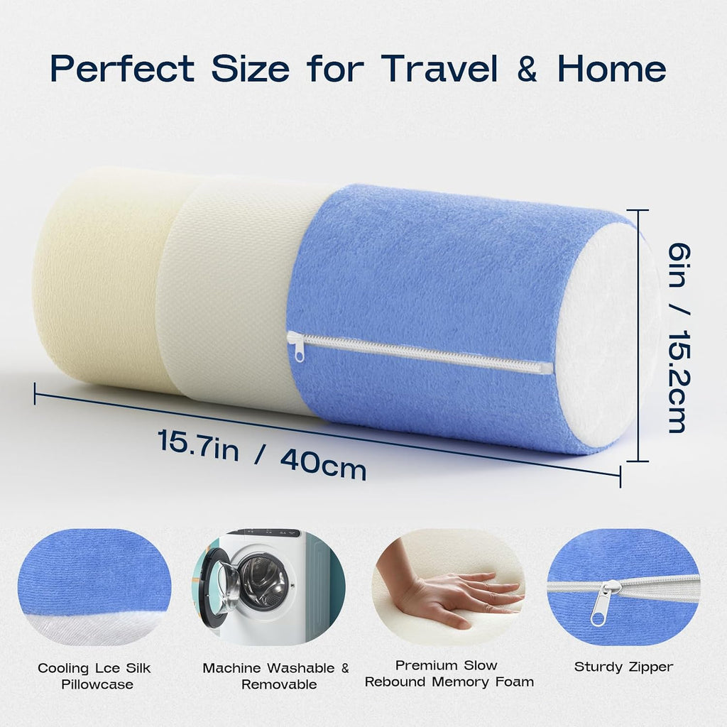 Forcanby Neck Roll Cervical Pillow for Neck - Memory Foam Neck Pillow for Bed, Round Neck Pillows for Sleeping, 15.7 * 6 * 6inch (Blue-Whit…