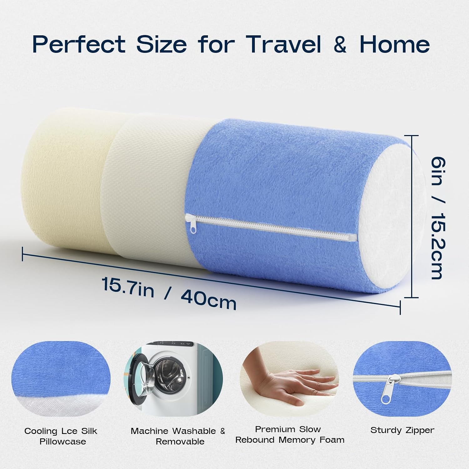 Forcanby Neck Roll Cervical Pillow for Neck - Memory Foam Neck Pillow for Bed, Round Neck Pillows for Sleeping, 15.7 * 6 * 6inch (Blue-Whit…