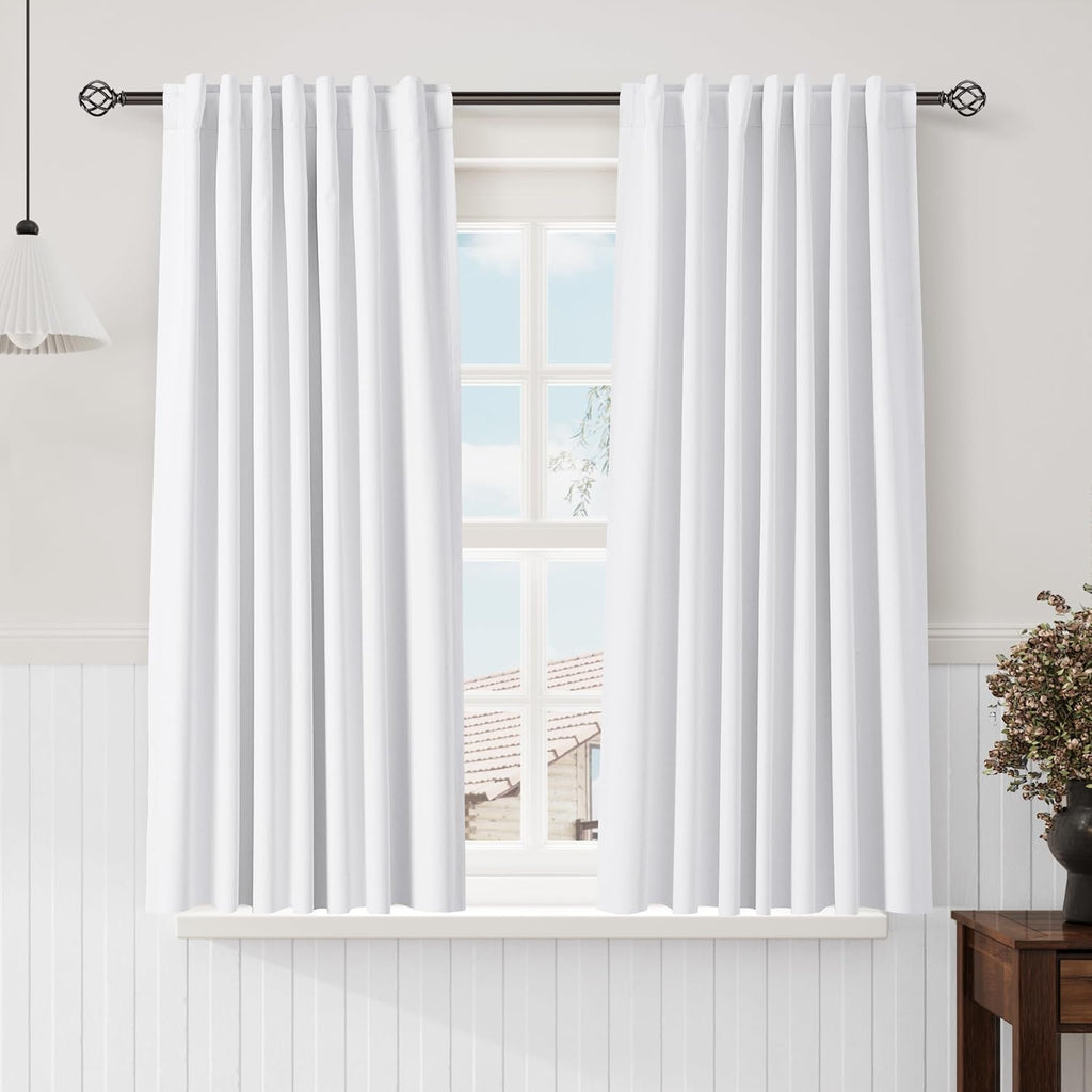 Nanspring White 100% Blackout Linen Curtains 63 Inch Length for Bedroom Back Tab Thermal Insulated Modern Farmhouse Decor Black Out Curtain…
