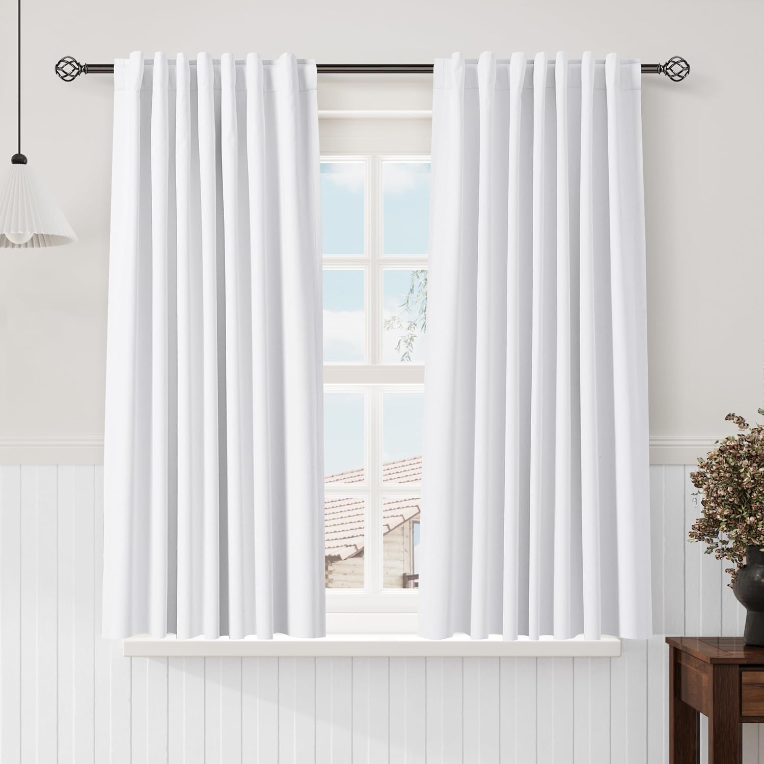 Nanspring White 100% Blackout Linen Curtains 63 Inch Length for Bedroom Back Tab Thermal Insulated Modern Farmhouse Decor Black Out Curtain…