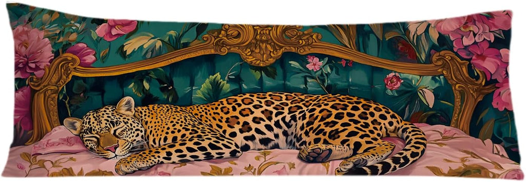 Vintage Leopard Floral 20x54 Body Pillow Cover, Cheetah Room Decor, Trendy Retro Sleepy Leopard Pink Flowers Decorative Long Body Pillow…