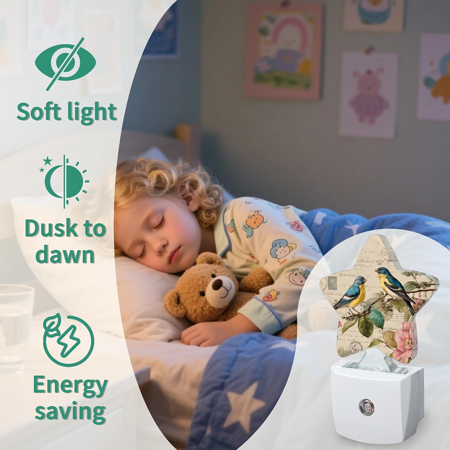 Star Night Light Plug in, Birds Butterflies Dusk to Dawn Sensor Night Light, Soft Glow Lamp for Kids Bedroom Nursery Hallway Bathroom…