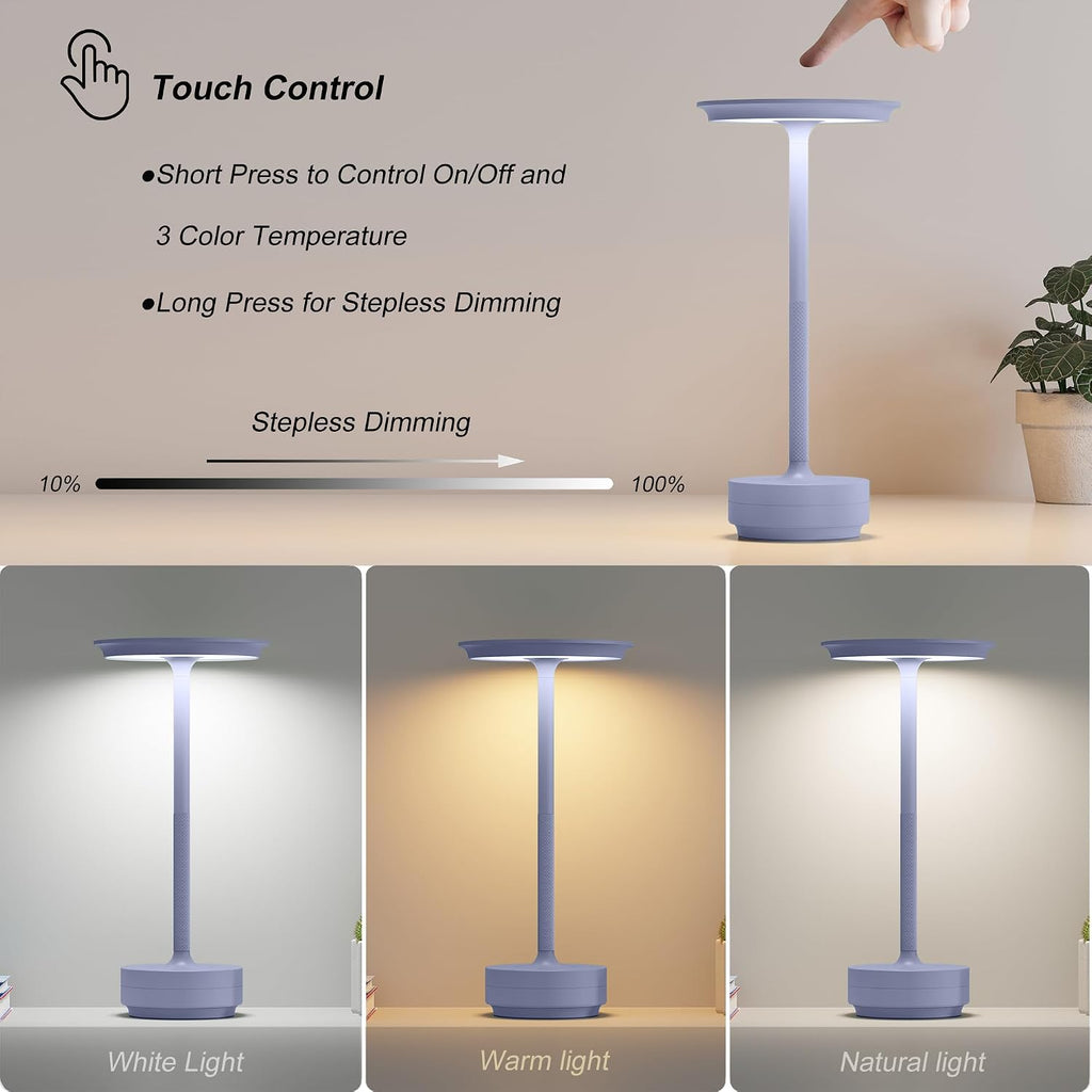 TBBGA 2 Pack Rechargeable Cordless Table Lamps, Portable 5000mAh Outdoor Table Light, 3 Color Stepless Dimming LED Table Lamp with Memory…