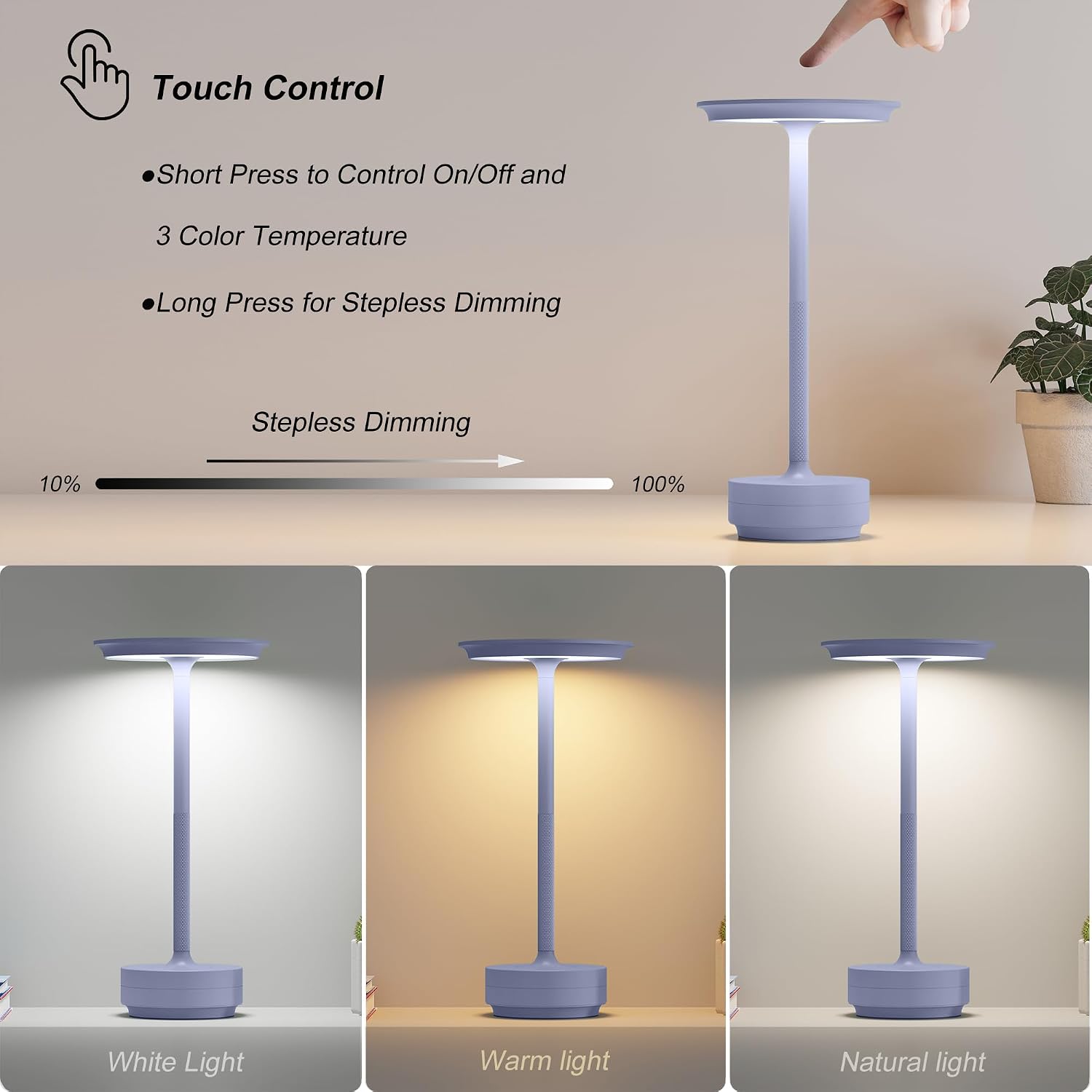 TBBGA 2 Pack Rechargeable Cordless Table Lamps, Portable 5000mAh Outdoor Table Light, 3 Color Stepless Dimming LED Table Lamp with Memory…