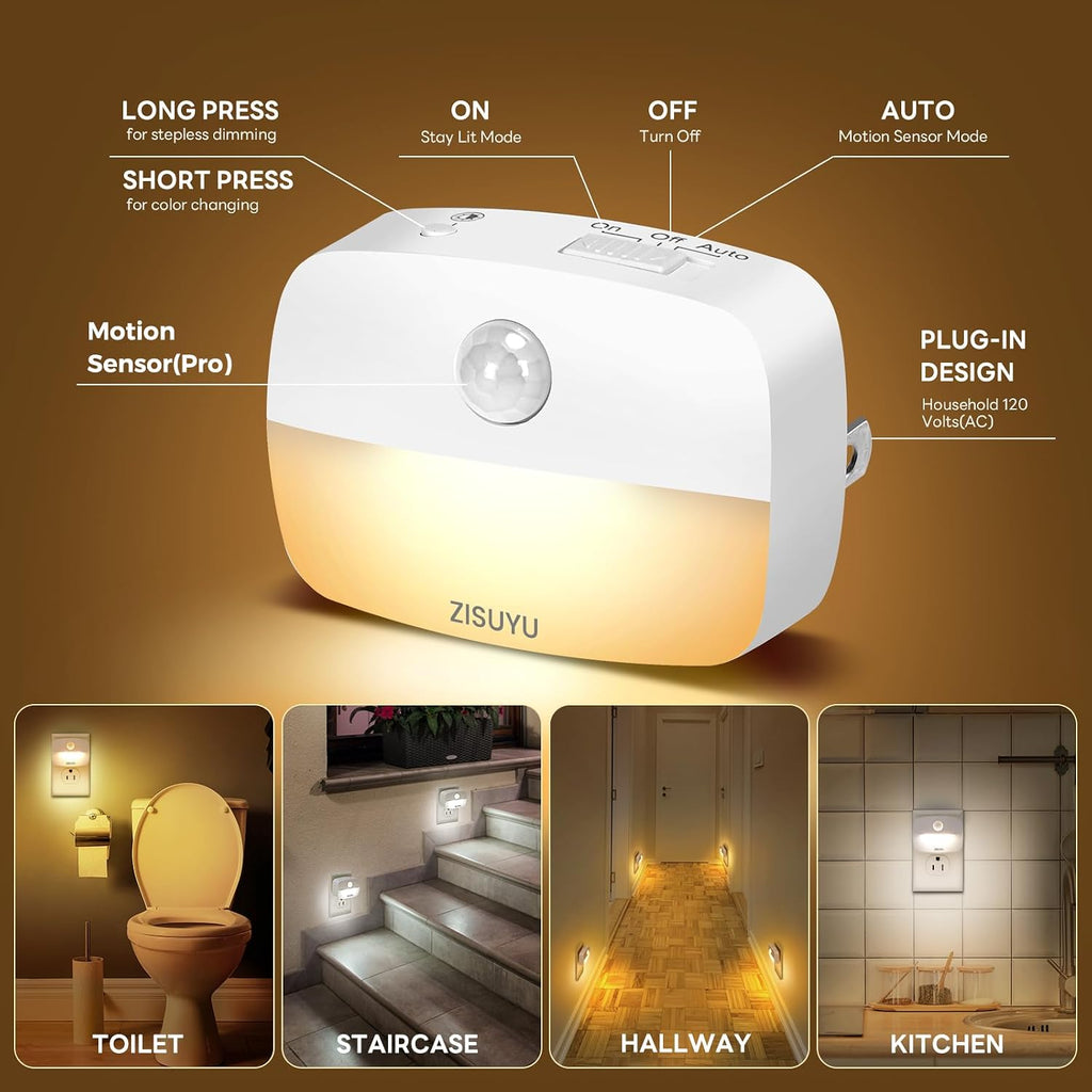 ZISUYU Plug-in LED Night Light with Motion Sensor, 10-60lm Dimmable Nightlight with Multi-Mode & Color-Changing, Ideal for Bedroom…