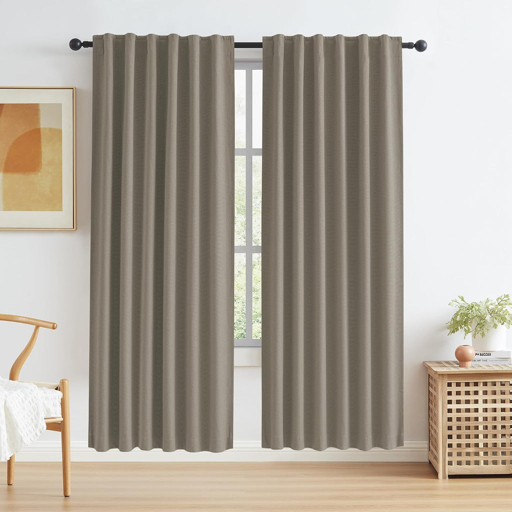 Keqiaosuocai Taupe Blackout Curtains Linen 72 Inch Length Set of 2 Panels Back Tab Rod Pocket Hook Belt Rustic Farmhouse Country Vintage De…