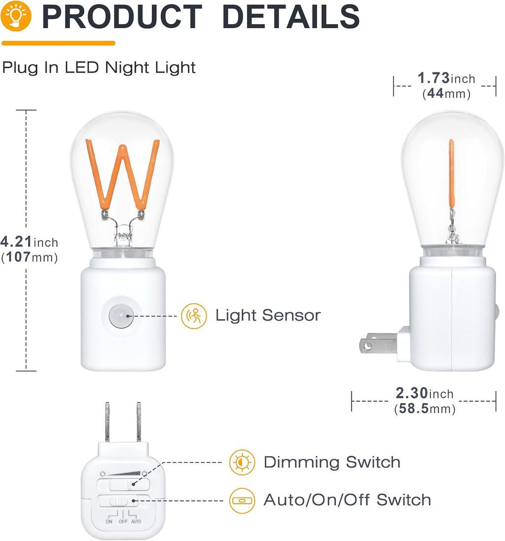 LED Night Light, Amber Nightlight, Dimmable Night Light with Motion Sensor, 10-100LM, 2200K W-Type Light for Kids Bedroom, Bathroom, 2-Pack