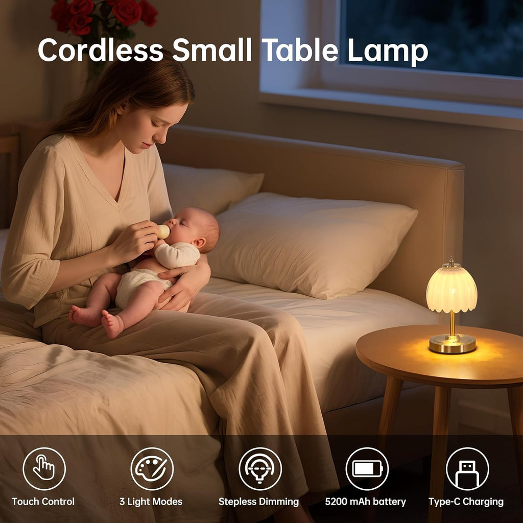 Shenmoyl Tulip Small Table Lamp, 5200mAh Cordless Touch Control Mini Table Lamp with 3 Color Temps & Stepless Dimming, Perfect for Small Sp…