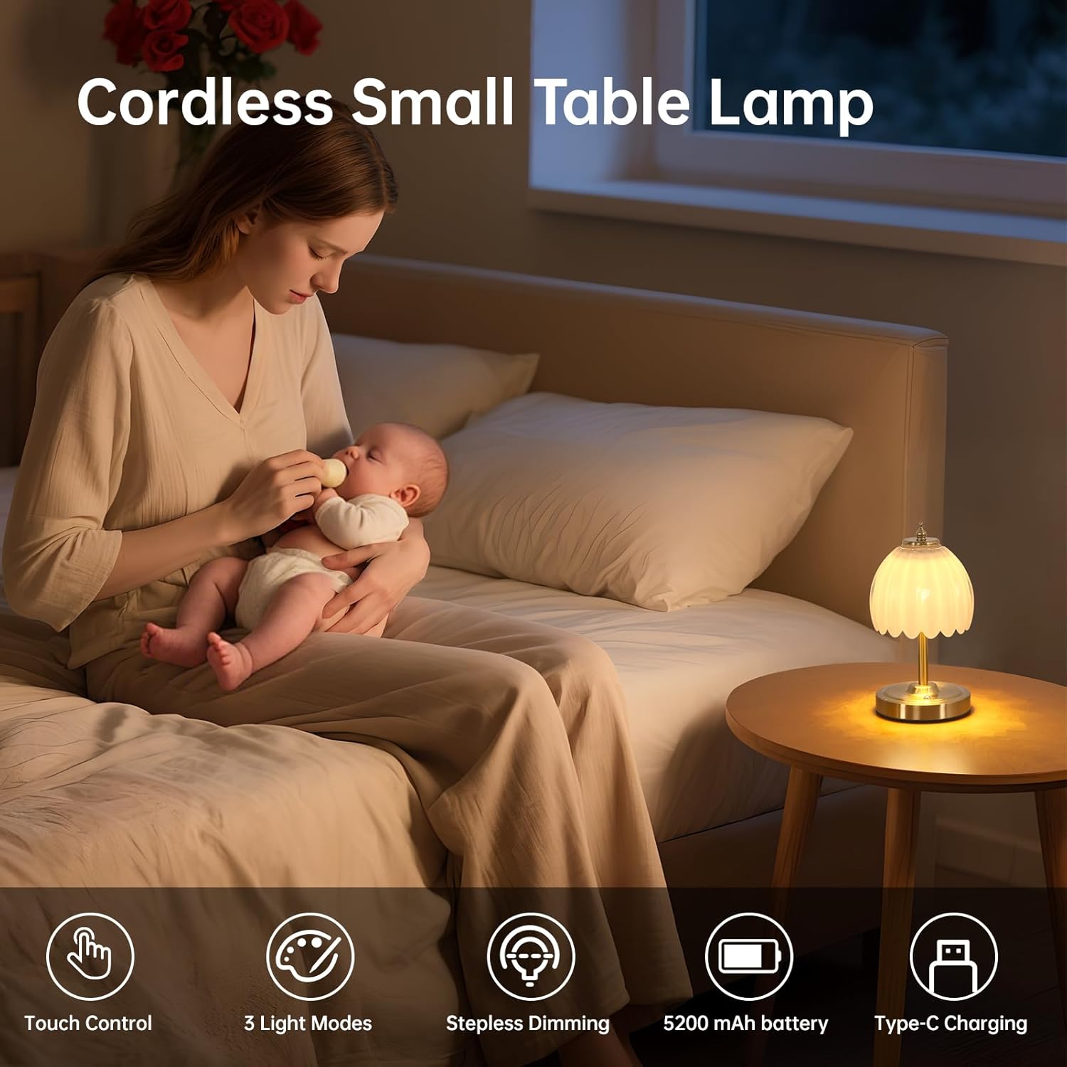 Shenmoyl Tulip Small Table Lamp, 5200mAh Cordless Touch Control Mini Table Lamp with 3 Color Temps & Stepless Dimming, Perfect for Small Sp…