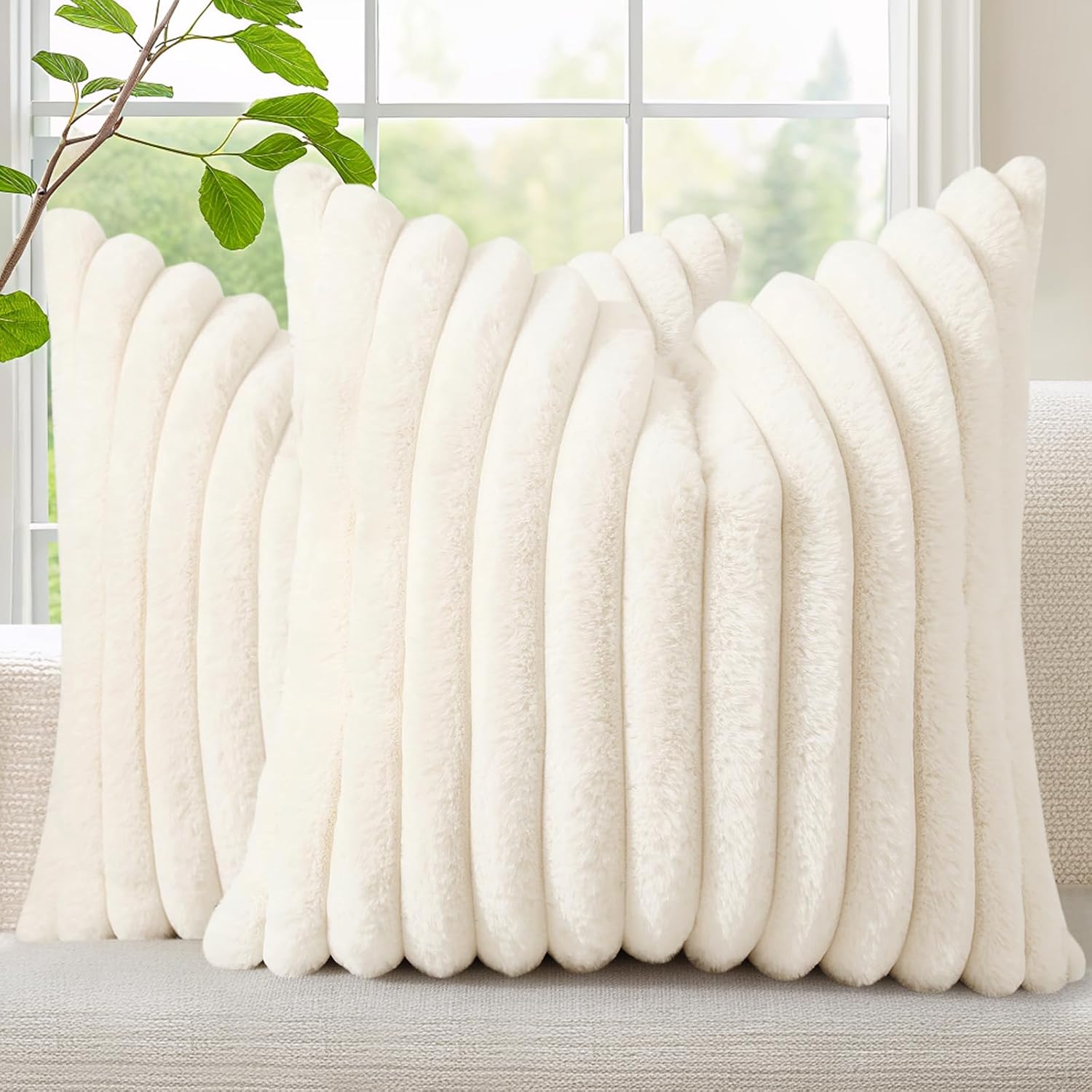 decorUhome Summer Cozy Faux Fur Throw Pillow Covers 22x22 Set of 2 Decorative Plush Striped Modern Farmhouse Boho Couch Euro Sham Pillow Ca…