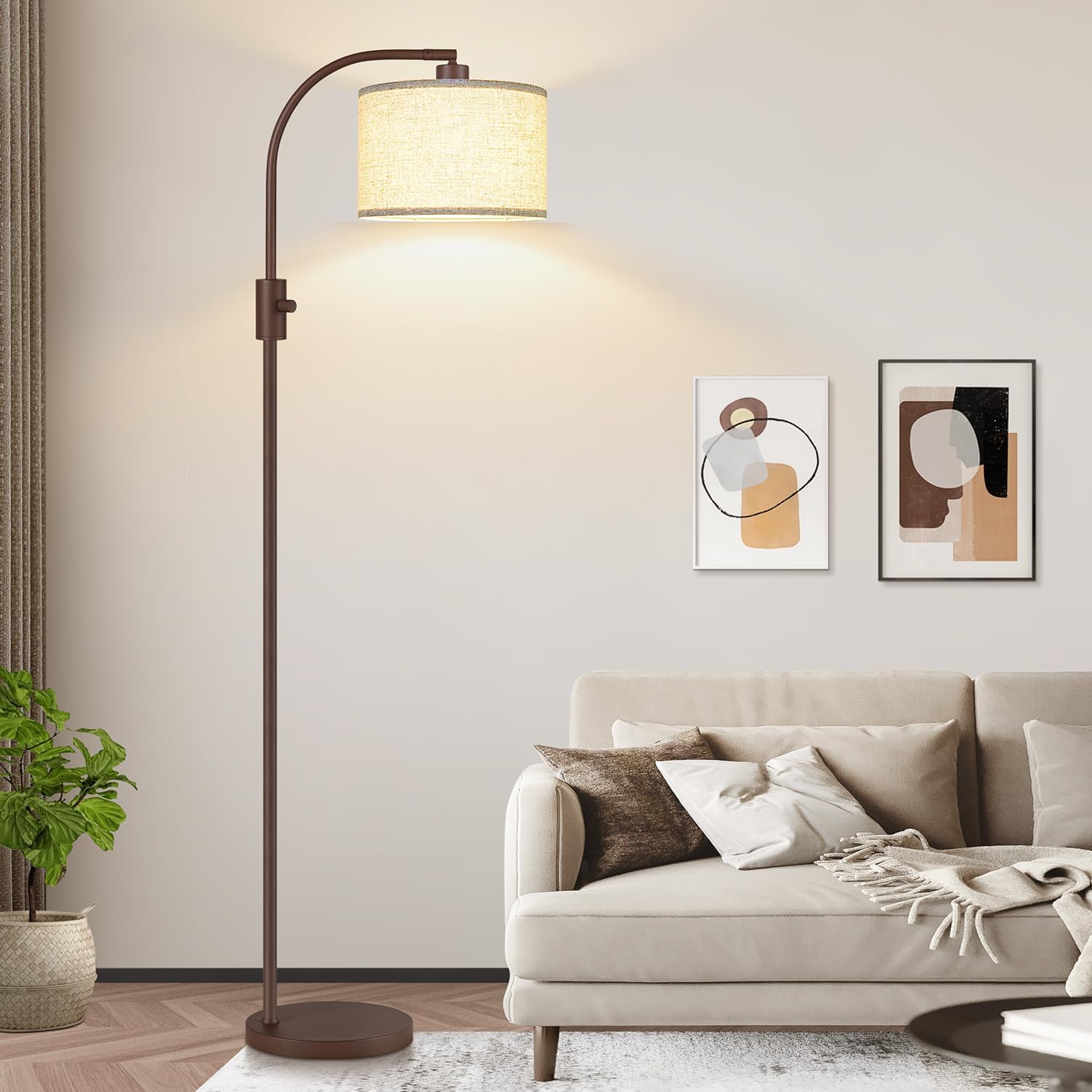 Nintiue Upgraded Modern Arc Dimmable Tall Standing Floor Lamp with Linen Shade, 1200 Lumens LED Bulb Included, for Living & Reading Room…