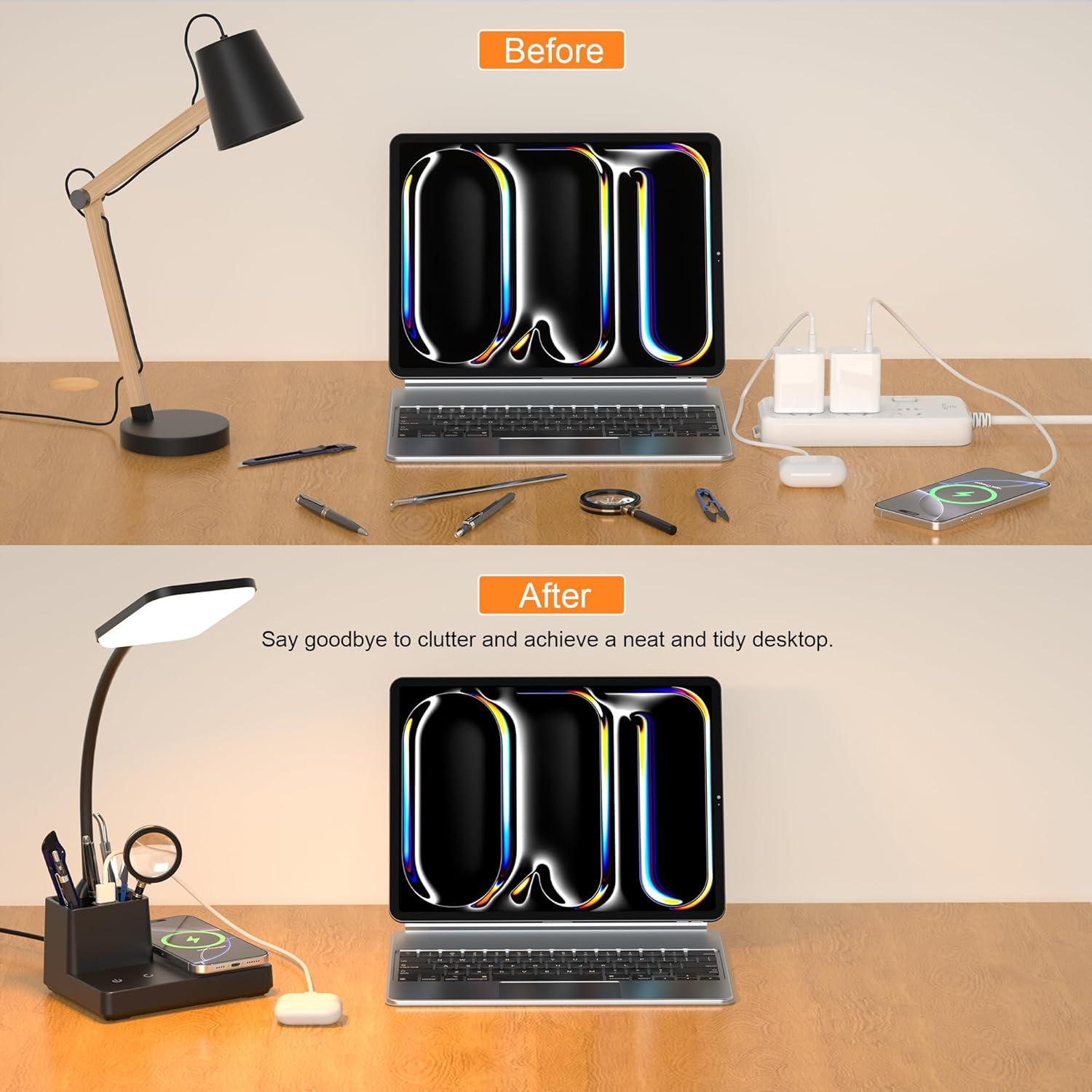 Desk Lamp, Table Lamp with Wireless Charger & USB Port, 800LM CRI95 3 Color Modes Dimmable Touch Flexible Arm Pen Holder, LED Desk Lamps…