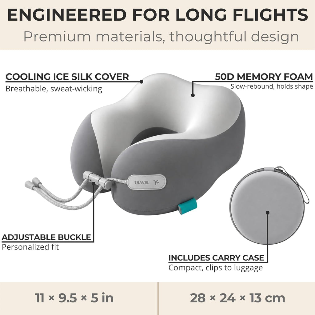 Travel Neck Pillow for Airplane, Memory Foam Cervical Neck Pillow with Cooling Ice Silk Cover, U-Shape 360° Head & Chin Support…