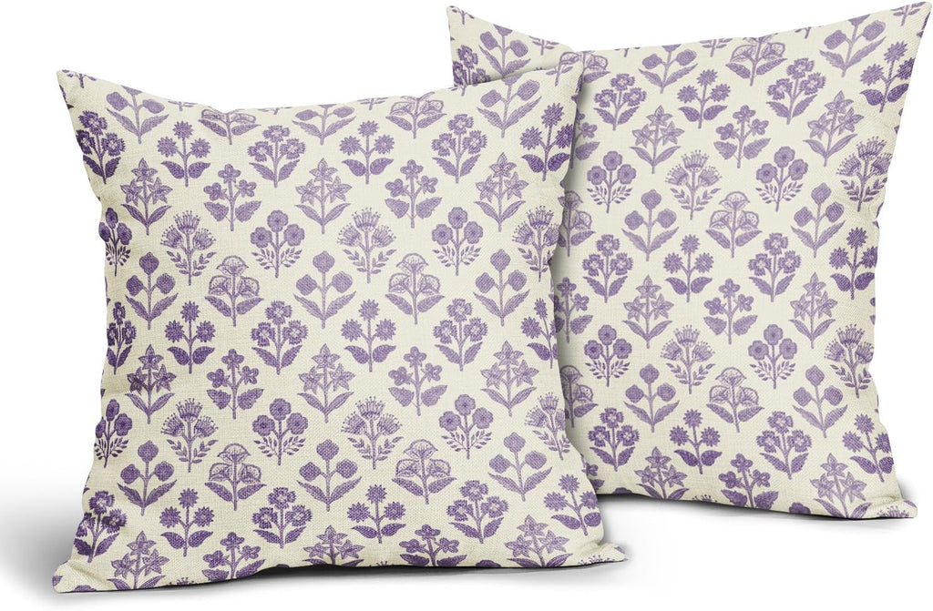 Purple Floral Pillow Covers 22x22 Inch Set of 2, Vintage Flower Block Decorative Throw Pillowcases Outdoor Farmhouse Cushion Covers…