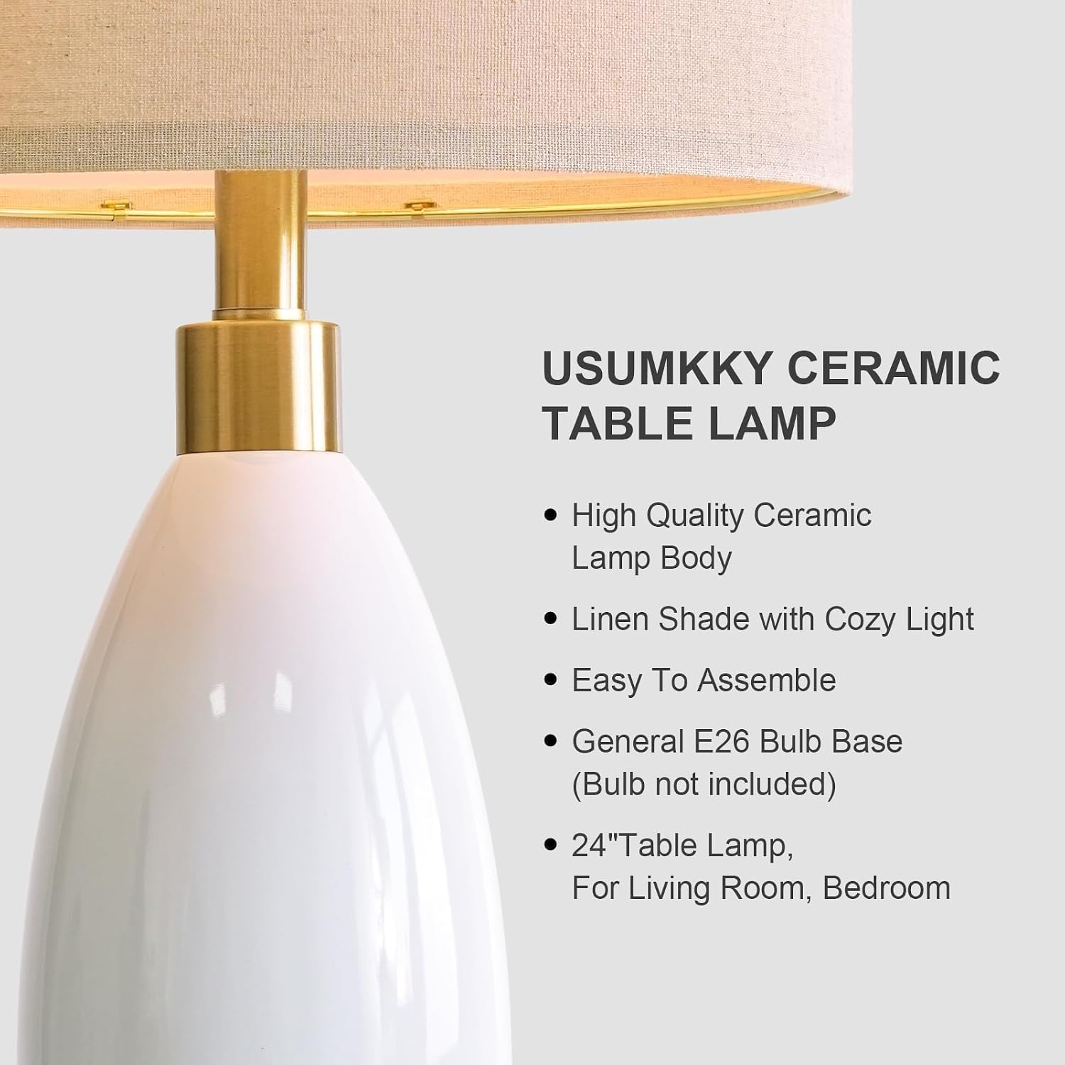 USumkky 24" White Oval Ceramic Table Lamp Set of 2, Modern Minimalist Bedside Nightstand Lamps for Bedroom Living Room, Linen Shade &…