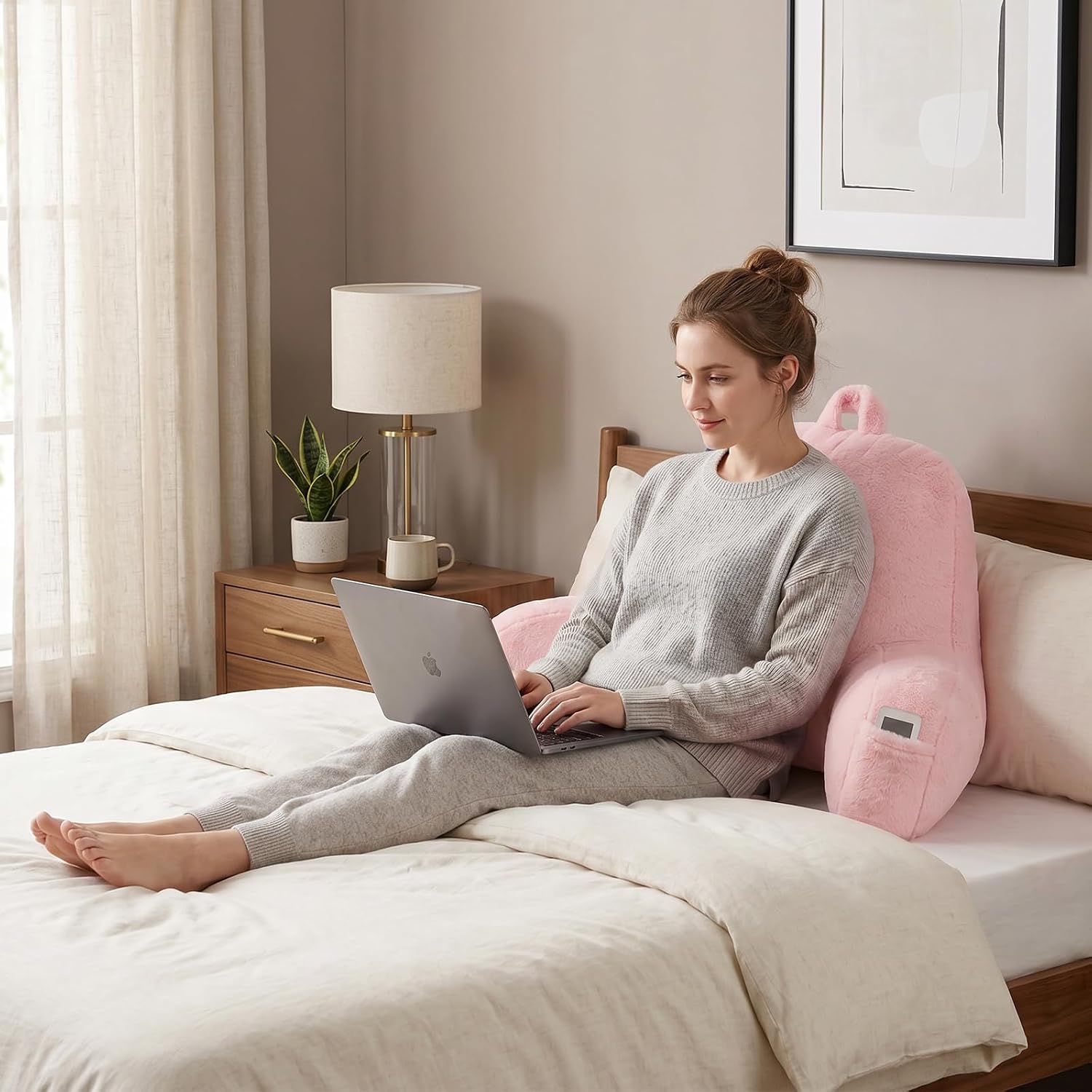 Pajeo Large Plush Backrest Pillow for Sitting in Bed, Faux Fur Sitting Pillow with Support Arms, Oeko-TEX Certified Aesthetic Lounging Pillow…