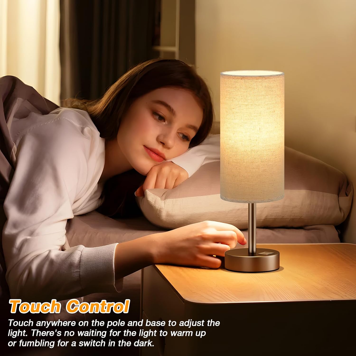 Dicoool Beige Touch Table Lamp for Bedroom - 3 Way Dimmable Bedside Lamp with USB, Nightstand Lamp with Brown Charging Station for Desk…