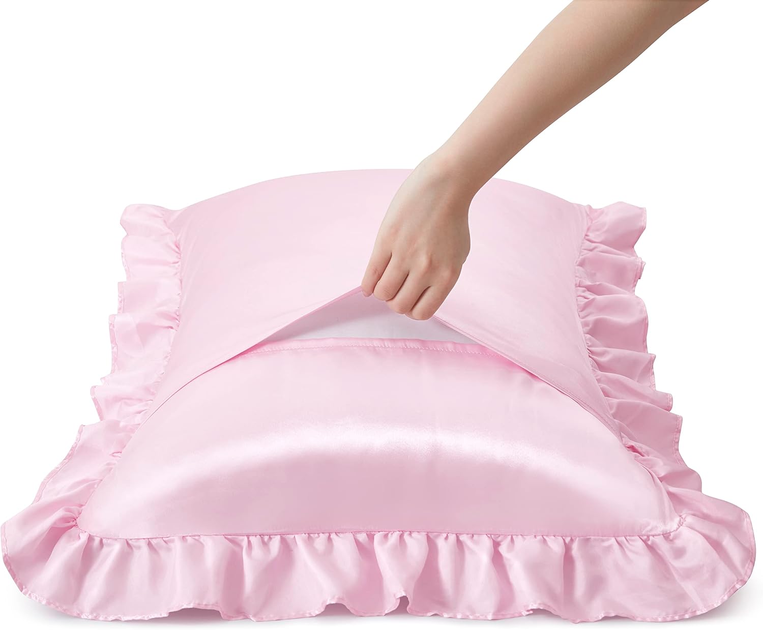 HommxJF Silky Satin Ruffled Pillow Cases for Hair and Skin, Pink Silk Pillowcases Standard Set of 2 with Envelope Closure Princess Room Deco…