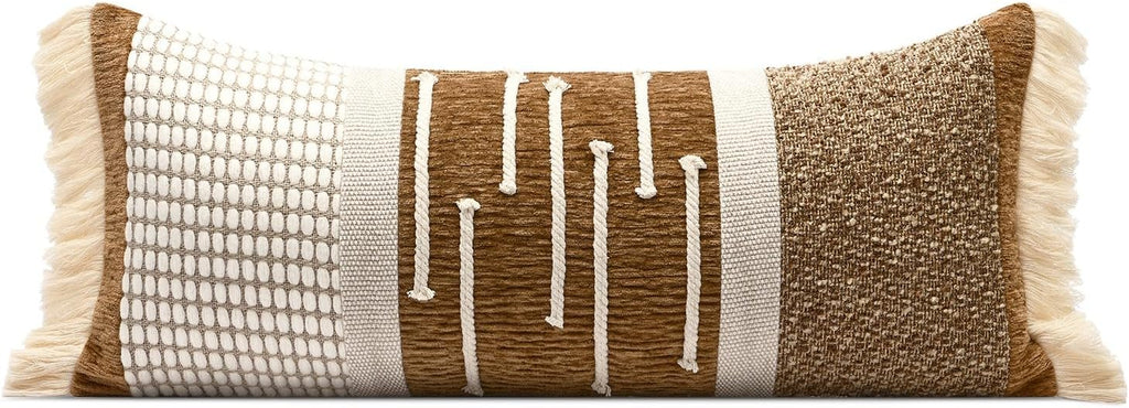 Aibuhome Decorative Lumbar Pillow Cover 12x28, Handwoven Boho Long Body Pillow for Bed Farmhouse Lumbar Throw Pillow, Cotton Linen Tassel C…