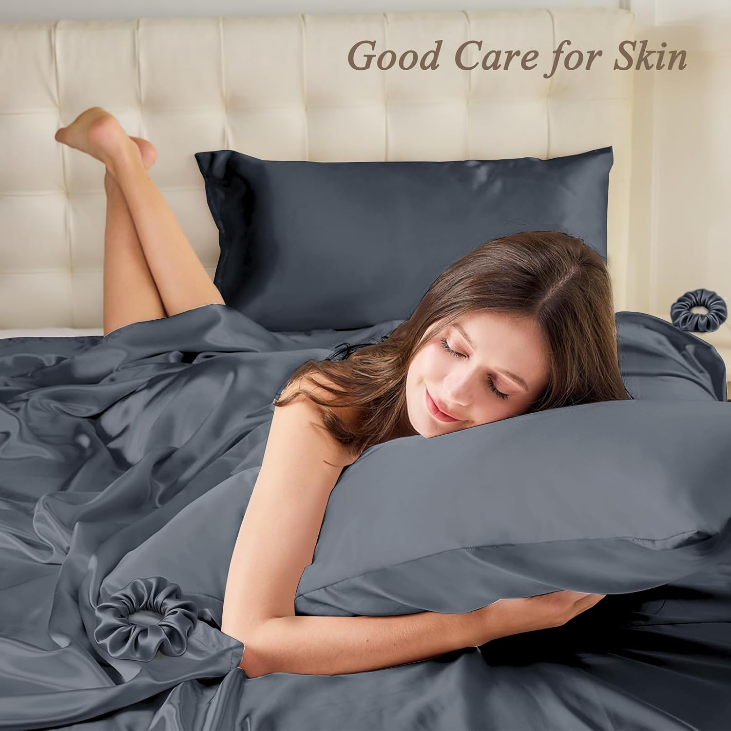 Vielit King Satin Pillowcase for Hair 2pc, Similar to Silk Pillow Cases, for Women Men, Dark Grey,20x36 & Envelope Closure and 2 Satin Scrunc…