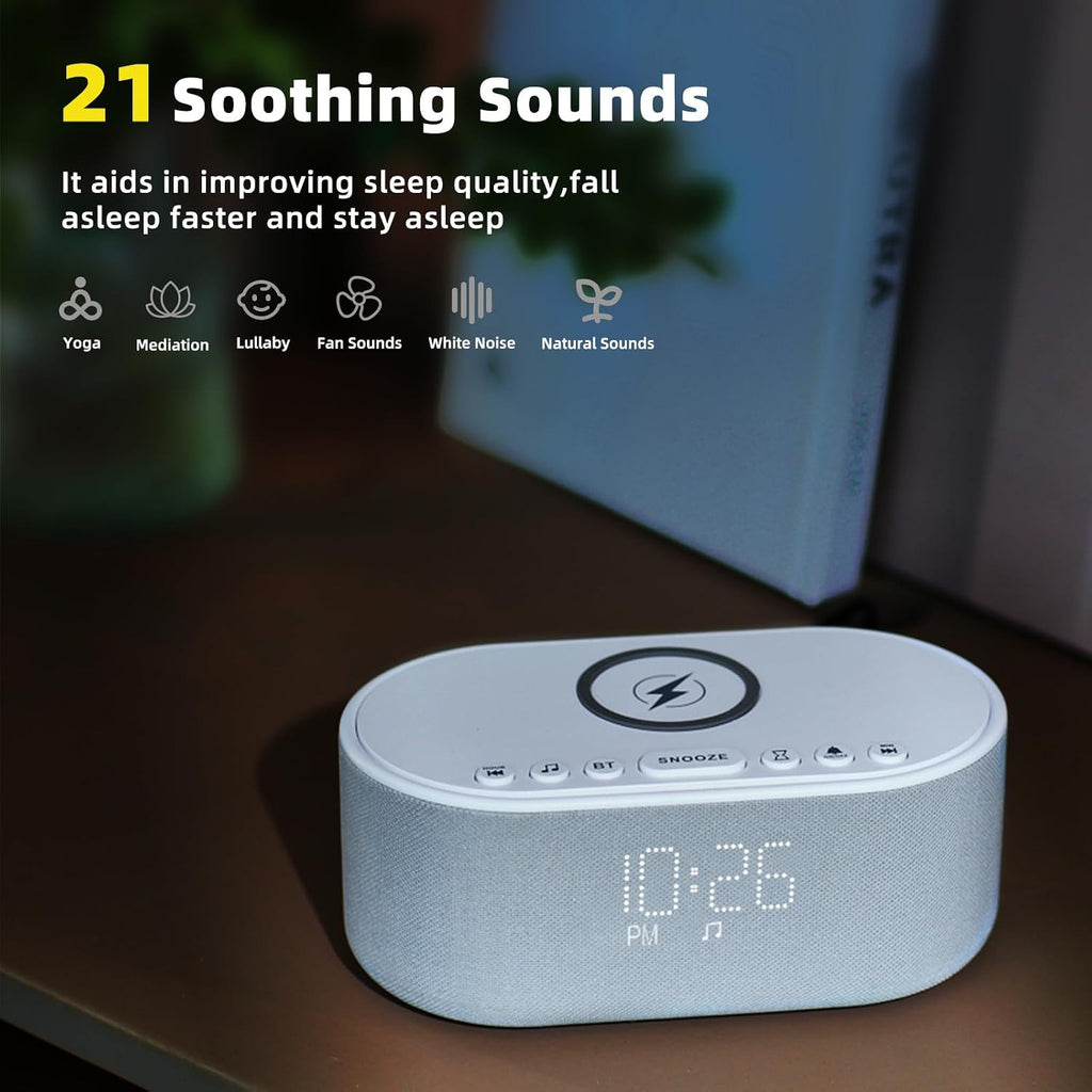 Odokee Sound Machine Alarm Clock Wireless Charger: Bluetooth 10W Stereo Sound Speaker Bedroom - White Noise Machine for Sleeping with 21 So…