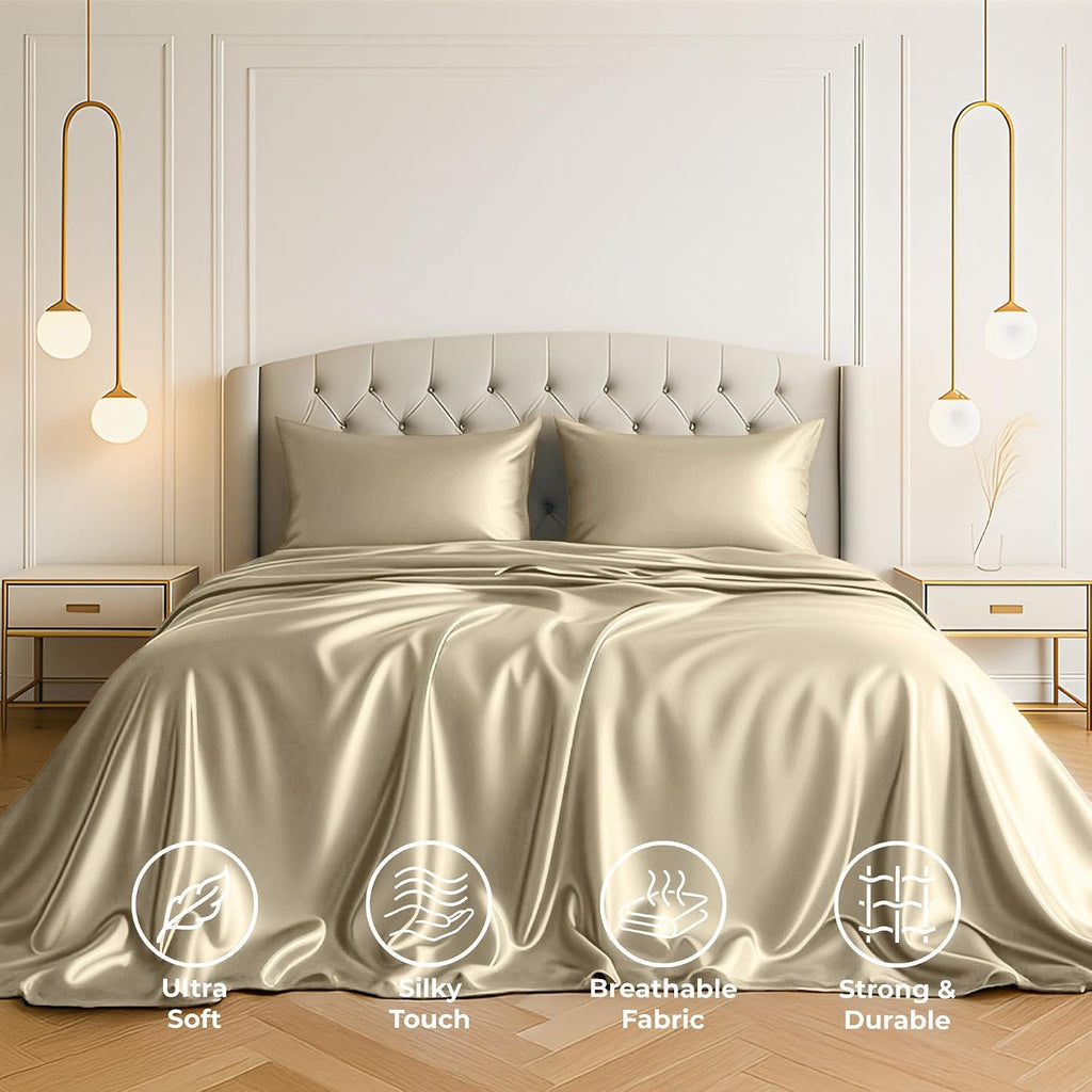 PureBedding Satin Sheets Full [4-Piece, Champagne Gold] Hotel Luxury Silky Bed Sheets - Extra Soft 1800 Microfiber Sheet Set, Wrinkle, Fade…
