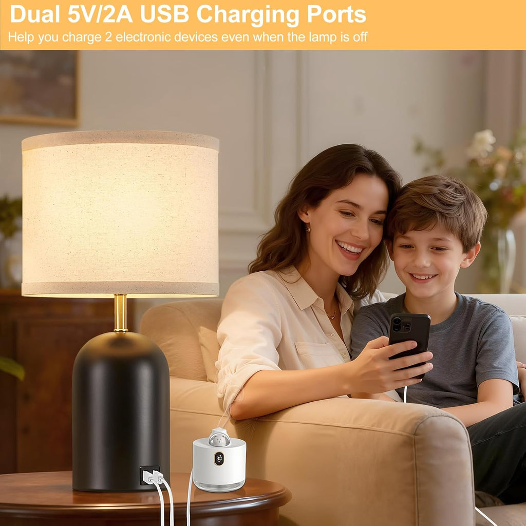 GyroVu Touch Control Table Lamps Set of 2, Modern Bedside Lamp with 2 USB Ports, Dimmable Gold and Black Nightstand Lamp with Fabric…