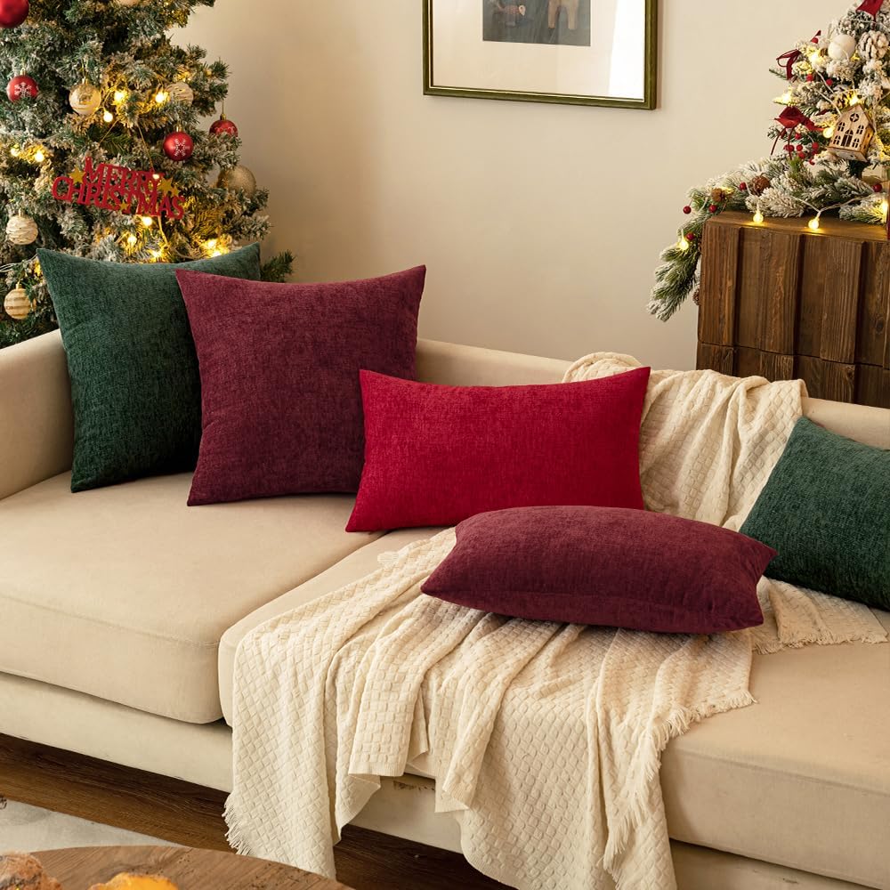 Miulee Pack of 2 Green Throw Pillow Covers 18x18 Inch Soft Chenille Pillow Covers for Sofa Living Room Couch Solid Dyed Cases wood Green