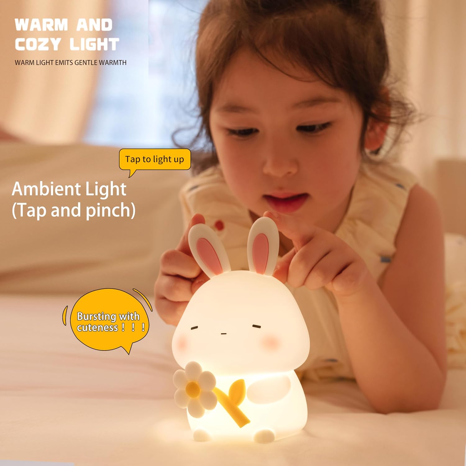 Led Cute Flower Bunny Night Light, Dimmable Timer Kawaii Lamps, Super Squishy Silicone USB Rechargeable Touch Control Night Lamp, Used…