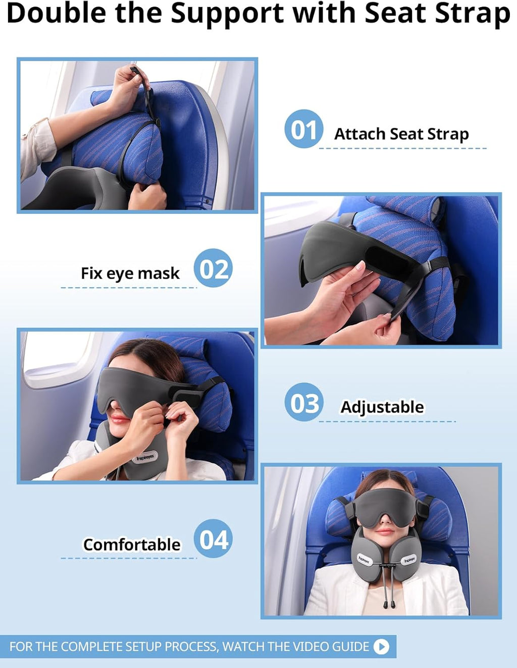 Inspireyes Neck Pillow, Travel Pillow with Seat Strap, 3D Sleep Mask, Dual Support Neck and Head, High Supportive Foam Airplane Pillow…