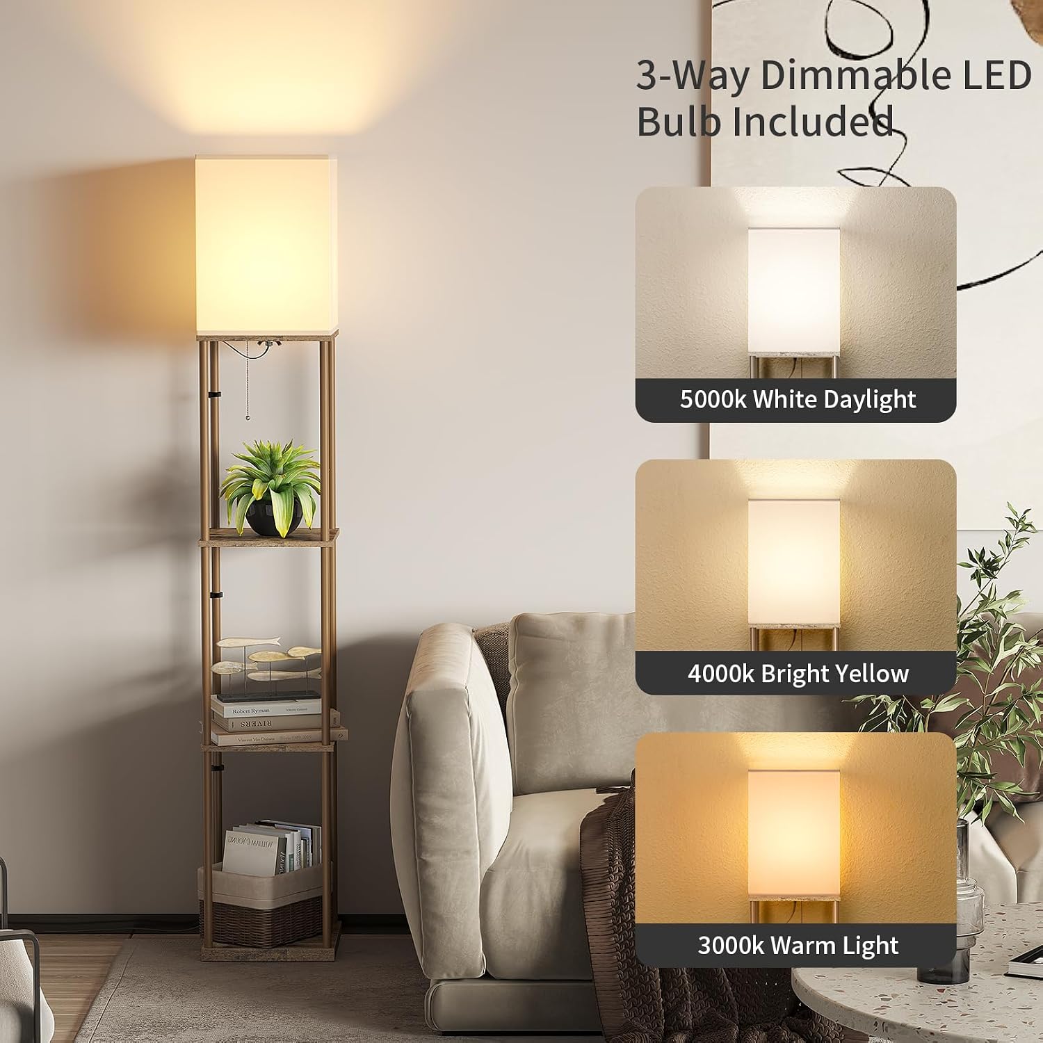 SUNMORY Floor Lamp with Shelves, Modern Square Shelf Lamps, Display Shelf Standing Lamp with 3 Color Temperature Bulb, Corner Bookshelf…
