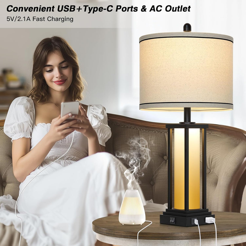 Cinkeda 27" Tall Vintage Table Lamp Set of 2 with USB C+A & Outlet, Farmhouse Nightstand Lamp for Living Room, Rustic Retro Bedside Lamps…